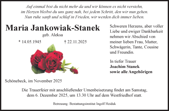 Traueranzeige von Maria Jankowiak-Stanek von Volksstimme Schönebeck
