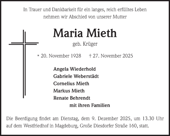 Traueranzeige von Maria Mieth von Volksstimme Magdeburg
