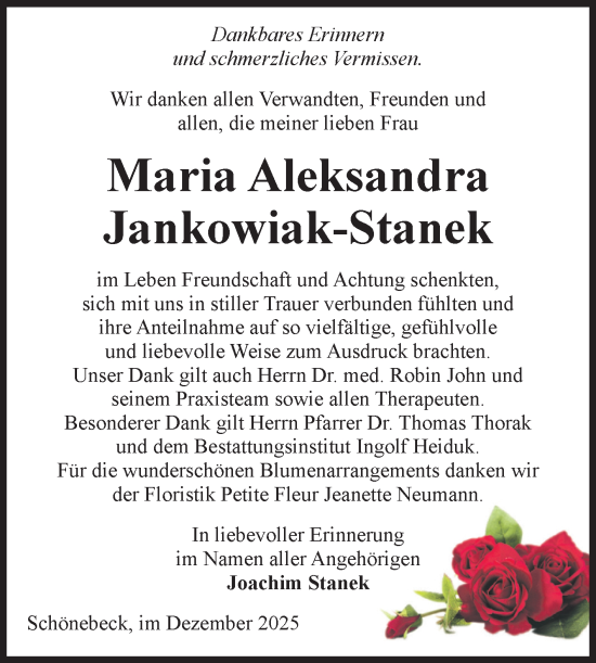 Traueranzeige von Maria Aleksandra Jankowiak-Stanek von Volksstimme Schönebeck