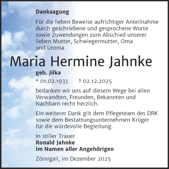 Traueranzeige von Maria Hermine Jahnke von Trauerkombi Wittenberg