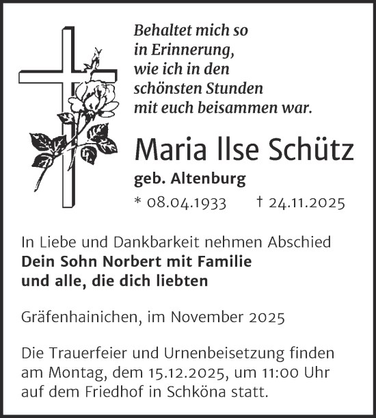 Traueranzeige von Maria Ilse Schütz von Trauerkombi Wittenberg