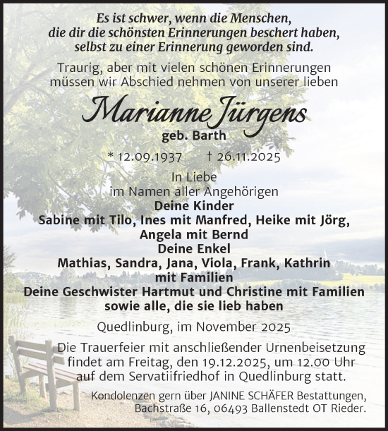Traueranzeige von Marianne Jürgens von Trauerkombi Quedlinburg