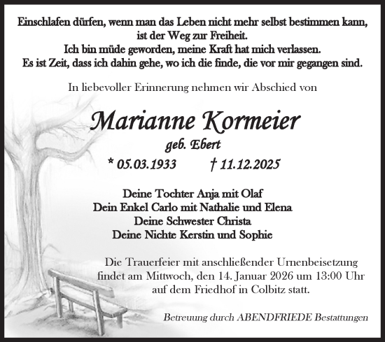 Traueranzeige von Marianne Kormeier von Volksstimme Haldensleben/Wolmirstedt
