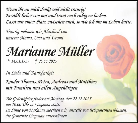 Traueranzeige von Marianne Müller von Trauerkombi Dessau