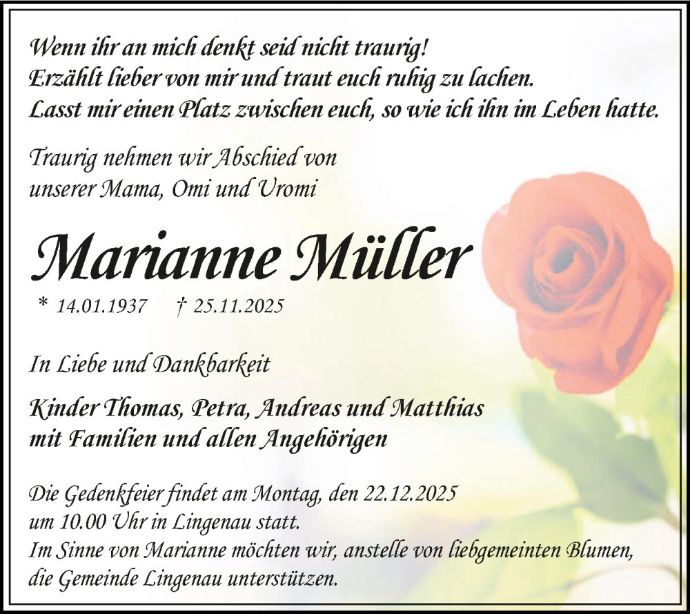  Traueranzeige für Marianne Müller vom 06.12.2025 aus Trauerkombi Dessau