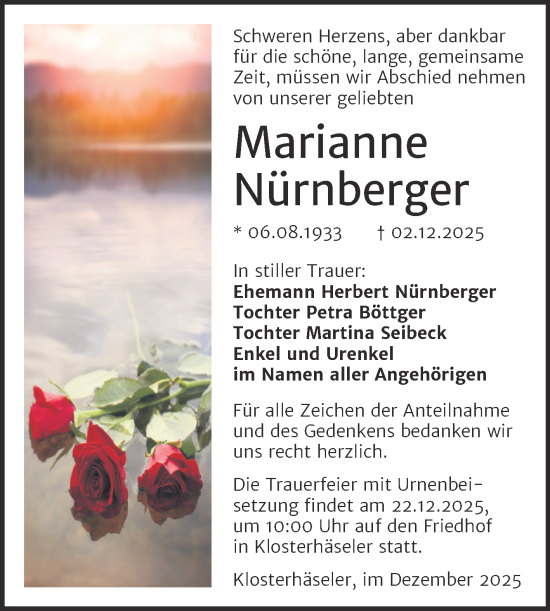Traueranzeige von Marianne Nürnberger von Super Sonntag Naumburg/Nebra