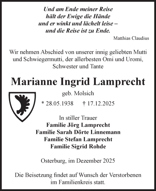 Traueranzeige von Marianne Ingrid Lamprecht von Volksstimme Altmark Ost