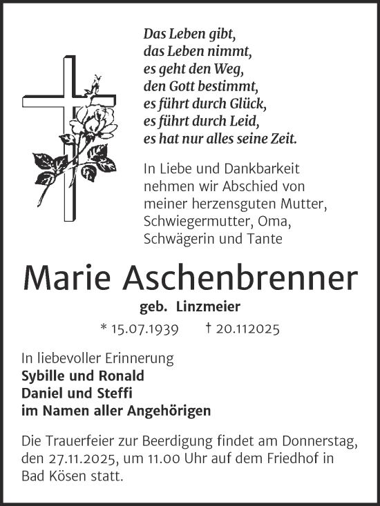 Traueranzeige von Marie Aschenbrenner von Naumburger Tageblatt