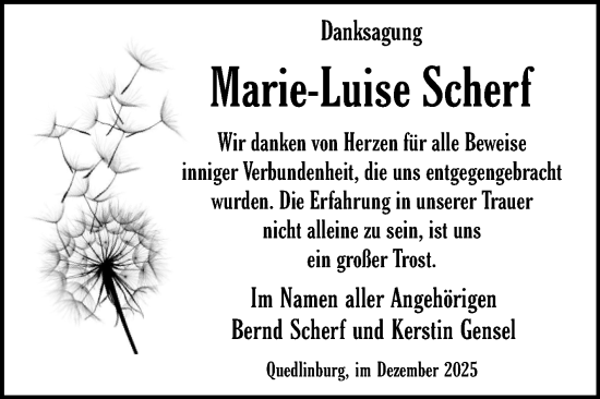 Traueranzeige von Marie-Luise Scherf von Trauerkombi Quedlinburg