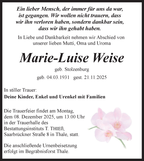 Traueranzeige von Marie-Luise Weise von Trauerkombi Quedlinburg