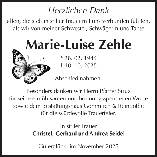 Traueranzeige von Marie-Luise Zehle von Volksstimme Zerbst