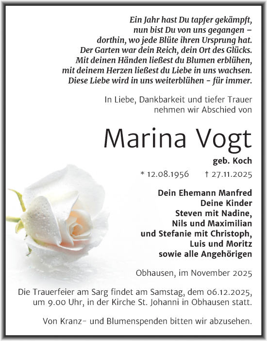 Traueranzeige von Marina Vogt von Trauerkombi Merseburg