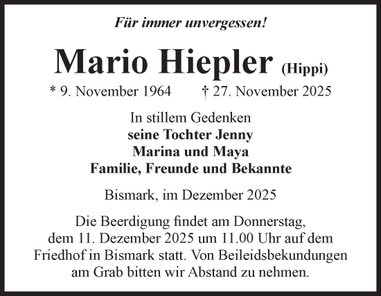 Traueranzeige von Mario Hiepler von Volksstimme Altmark Ost