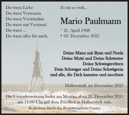 Traueranzeige von Mario Paulmann von Volksstimme Halberstadt