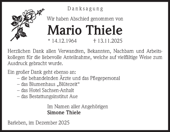 Traueranzeige von Mario Thiele von Volksstimme Haldensleben/Wolmirstedt