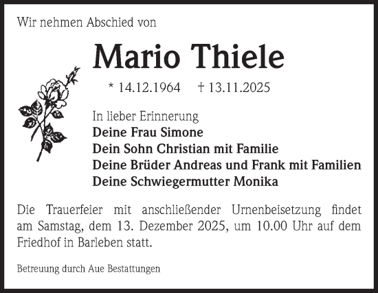 Traueranzeige von Mario Thiele von Volksstimme Magdeburg