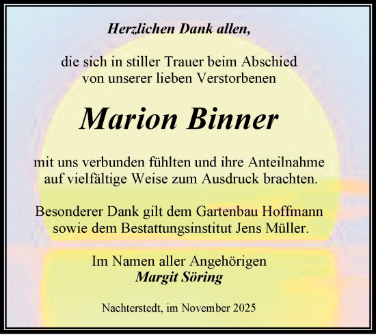 Traueranzeige von Marion Binner von Trauerkombi Aschersleben