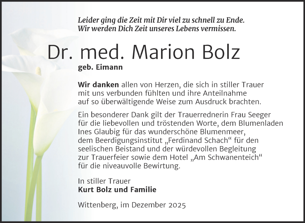  Traueranzeige für Marion Bolz vom 06.12.2025 aus Trauerkombi Wittenberg