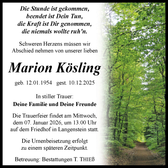 Traueranzeige von Marion Kösling von Volksstimme Halberstadt
