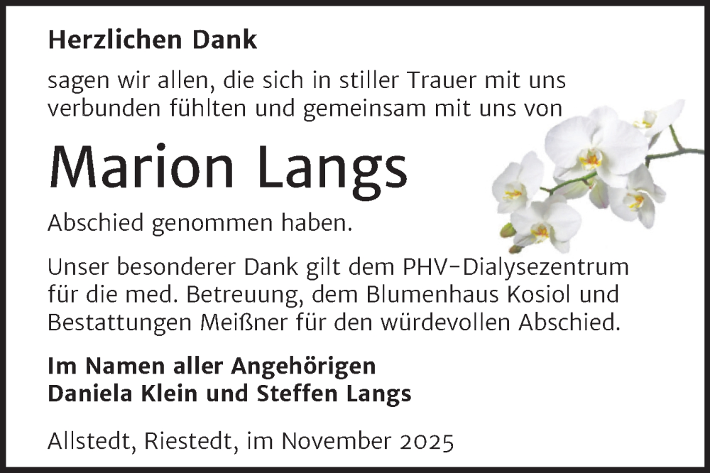  Traueranzeige für Marion Langs vom 06.12.2025 aus Trauerkombi Sangerhausen