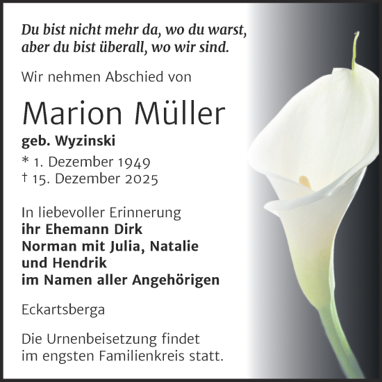 Traueranzeige von Marion Müller von Super Sonntag Naumburg/Nebra