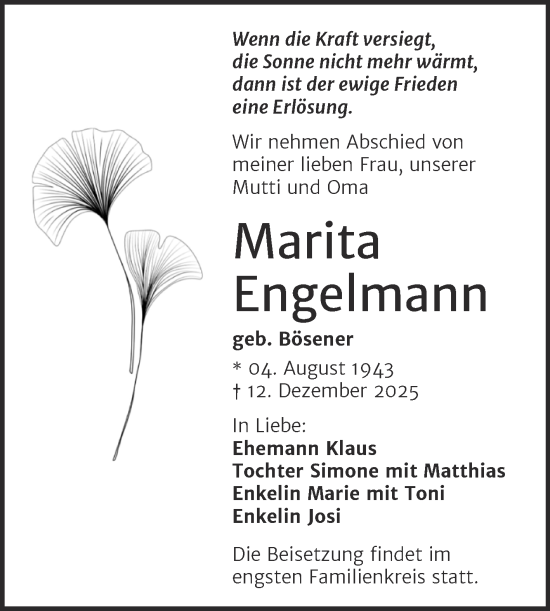Traueranzeige von Marita Engelmann von Trauerkombi Dessau