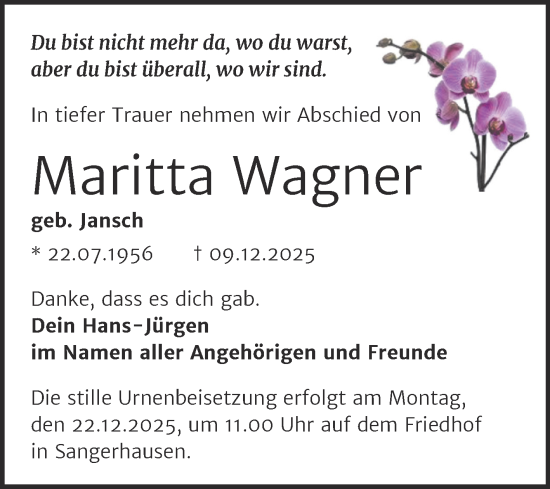 Traueranzeige von Maritta Wagner von Trauerkombi Sangerhausen