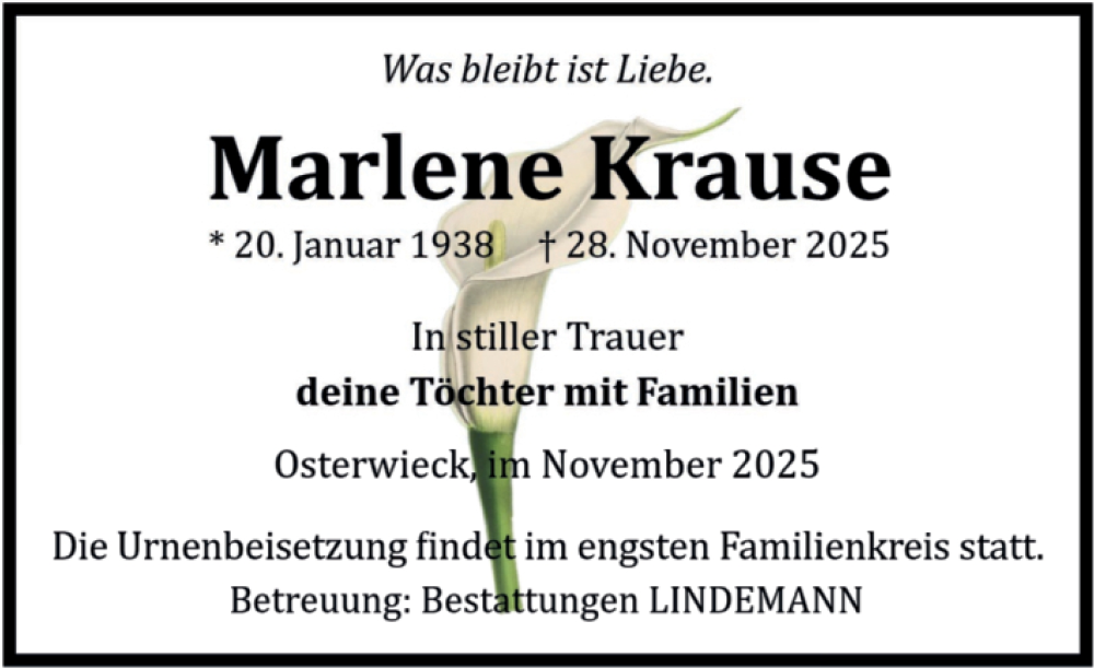  Traueranzeige für Marlene Krause vom 06.12.2025 aus Volksstimme Halberstadt