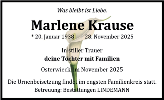 Traueranzeige von Marlene Krause von Volksstimme Halberstadt