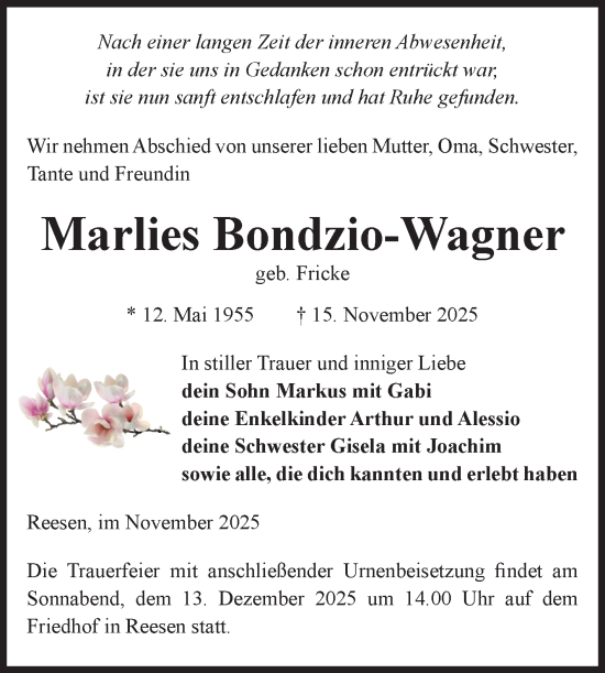Traueranzeige von Marlies Bondzio-Wagner von Volksstimme Burg/Genthin