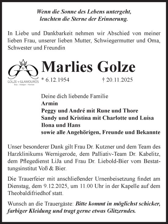 Traueranzeige von Marlies Golze von Volksstimme Wernigerode