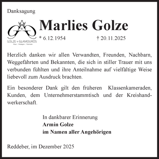 Traueranzeige von Marlies Golze von Volksstimme Wernigerode