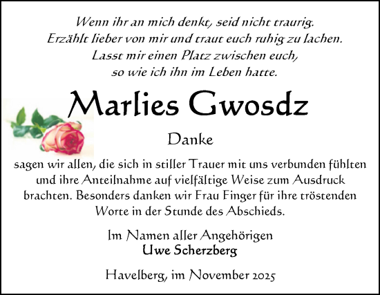 Traueranzeige von Marlies Gwosdz von Volksstimme Altmark Ost