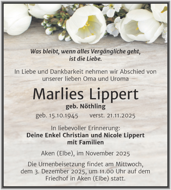 Traueranzeige von Marlies Lippert von Trauerkombi Köthen