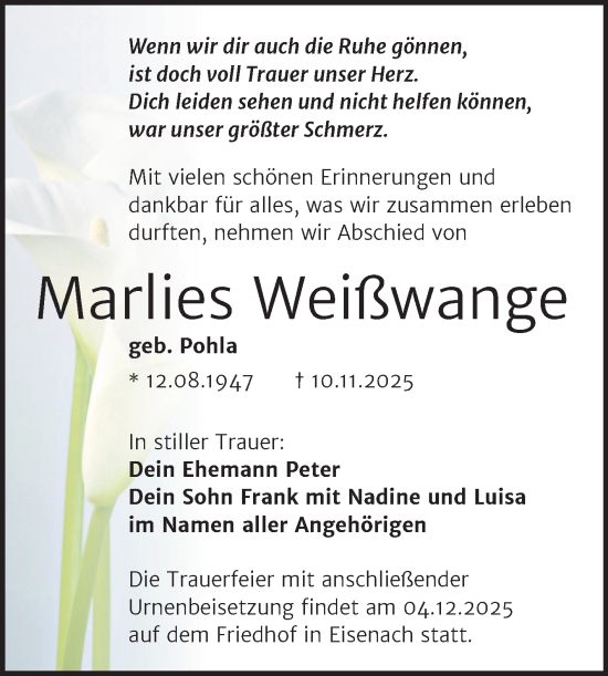 Traueranzeige von Marlies Weißwange von Mitteldeutsche Zeitung Halle/Saalkreis