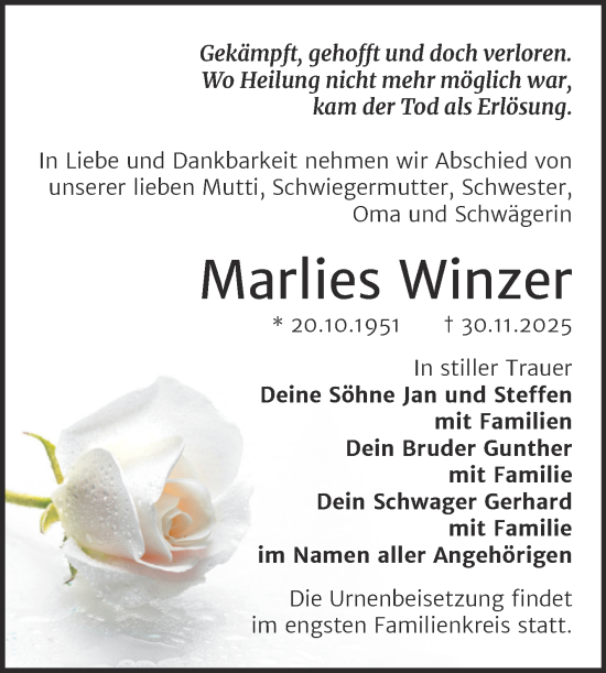 Traueranzeige von Marlies Winzer von Trauerkombi Bitterfeld