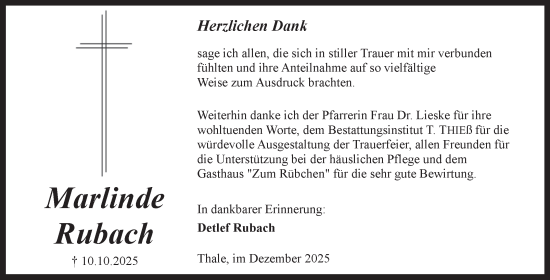 Traueranzeige von Marlinde Rubach von Trauerkombi Quedlinburg