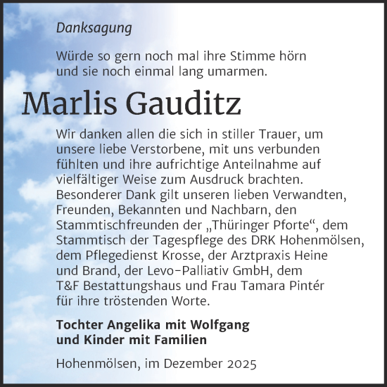 Traueranzeige von Marlis Gauditz von Trauerkombi Weißenfels