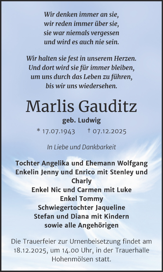 Traueranzeige von Marlis Gauditz von Trauerkombi Weißenfels