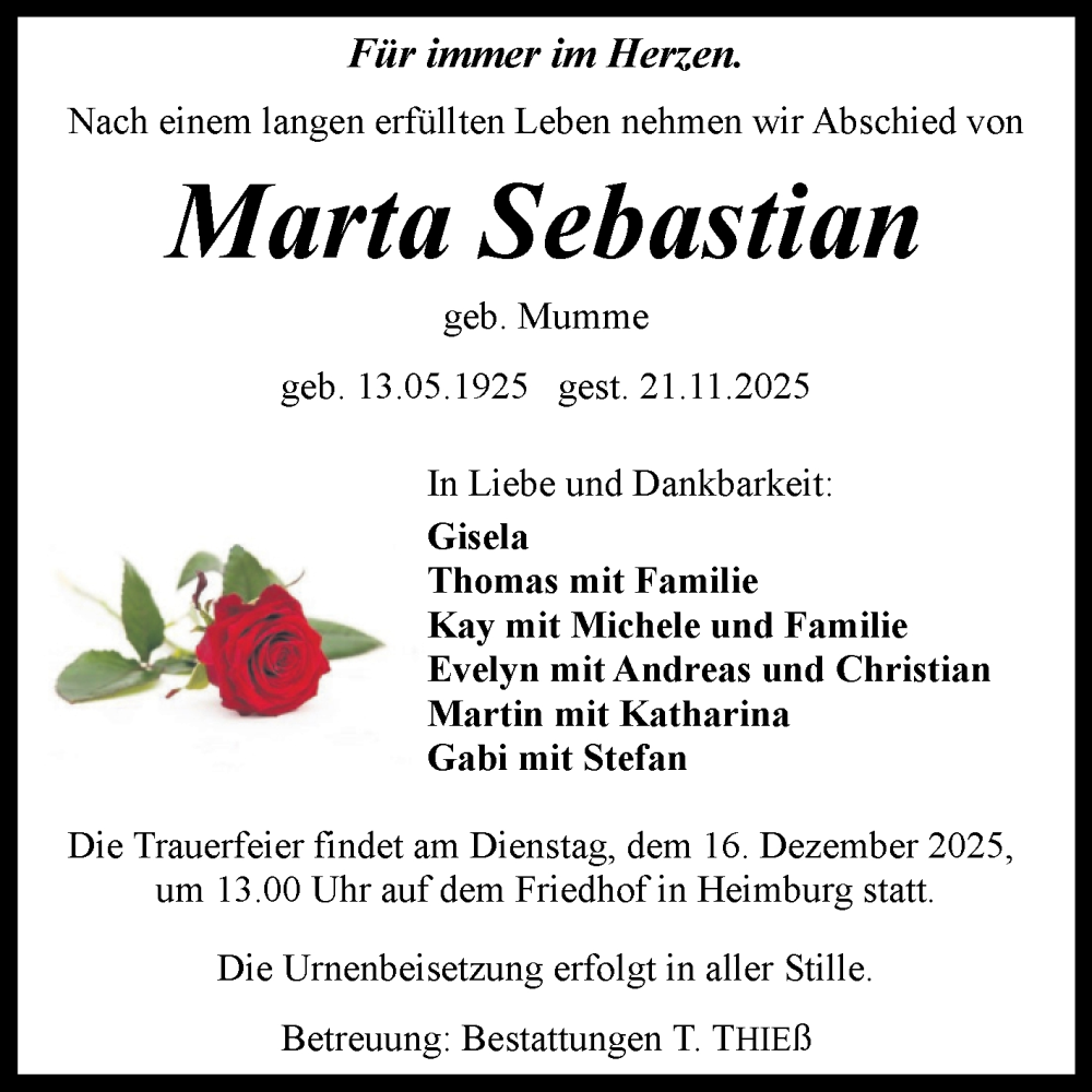  Traueranzeige für Marta Sebastian vom 29.11.2025 aus Volksstimme Wernigerode