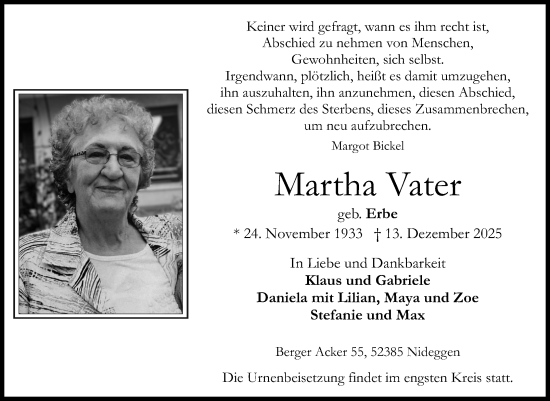 Traueranzeige von Martha Vater von Super Sonntag Quedlingburg