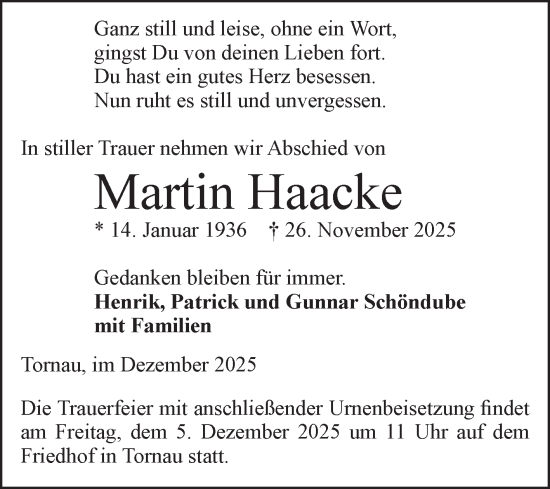 Traueranzeige von Martin Haacke von Volksstimme Altmark Ost