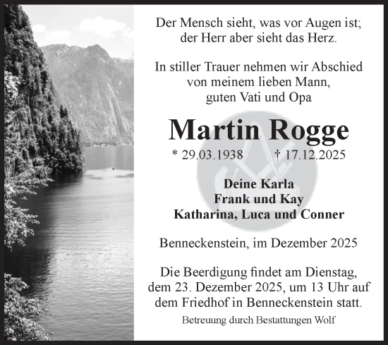 Traueranzeige von Martin Rogge von Volksstimme Wernigerode