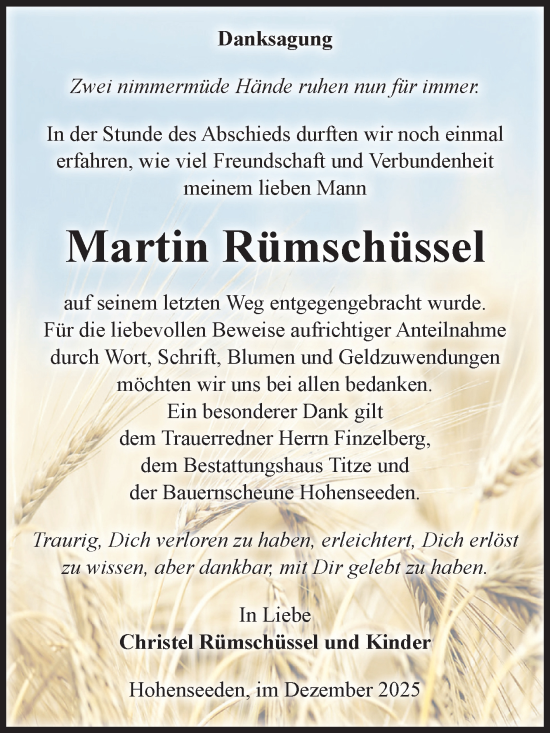 Traueranzeige von Martin Rümschüssel von Volksstimme Burg/Genthin