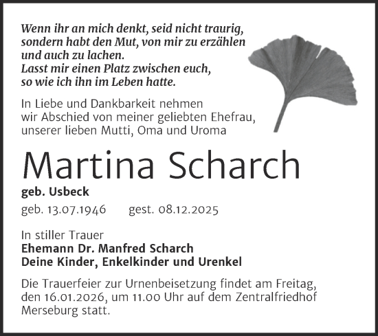 Traueranzeige von Martina Scharch von Trauerkombi Merseburg