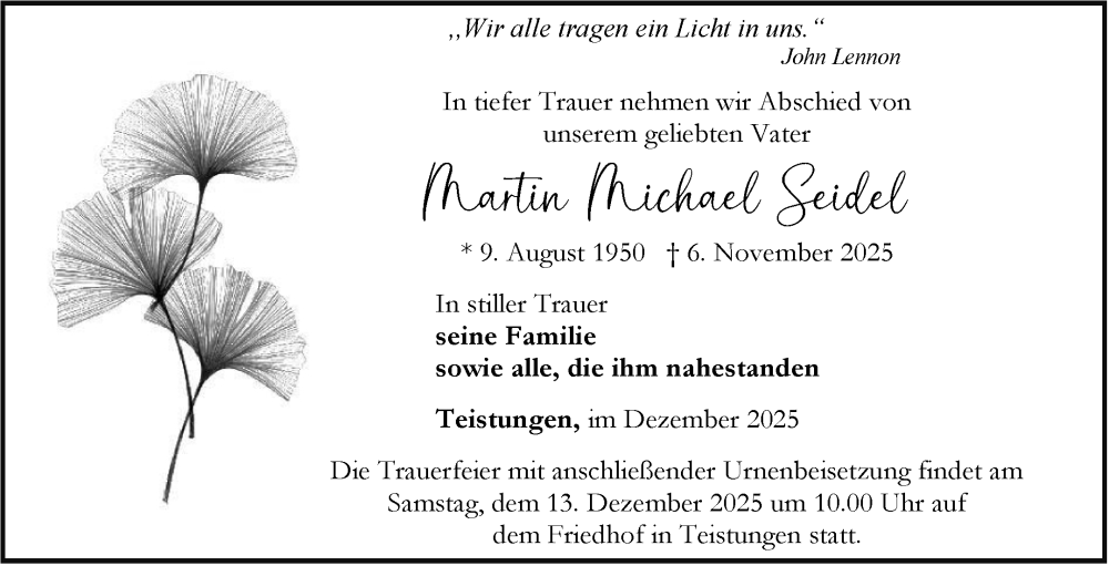 Traueranzeige für Martin Michael Seidel vom 06.12.2025 aus Mitteldeutsche Zeitung Aschersleben