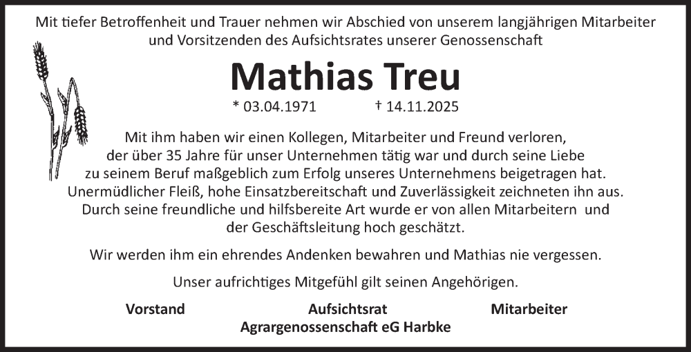  Traueranzeige für Mathias Treu vom 29.11.2025 aus Volksstimme Oschersleben/Wanzleben