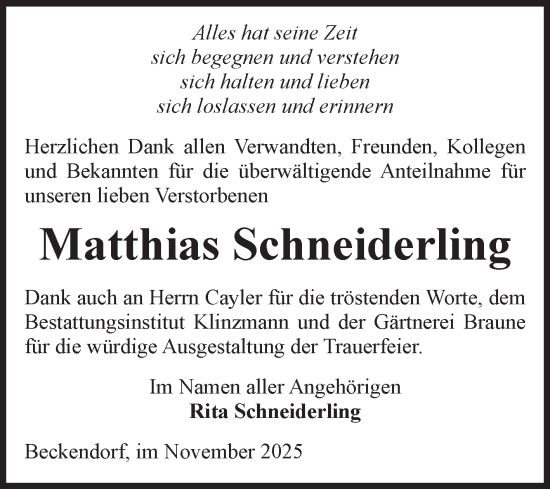 Traueranzeige von Matthias Schneiderling von Volksstimme Oschersleben/Wanzleben