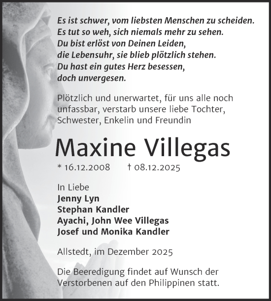 Traueranzeige von Maxine Villegas von Trauerkombi Sangerhausen