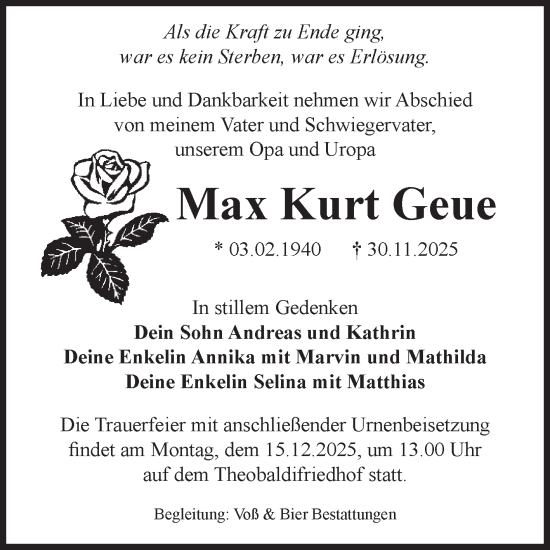 Traueranzeige von Max Kurt Geue von Volksstimme Wernigerode